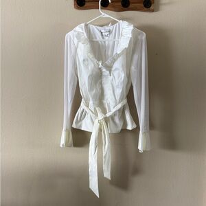 J.R. Evenings White Taffeta Ruffle Trim Front Tie Sheer Sleeve Blouse size 8